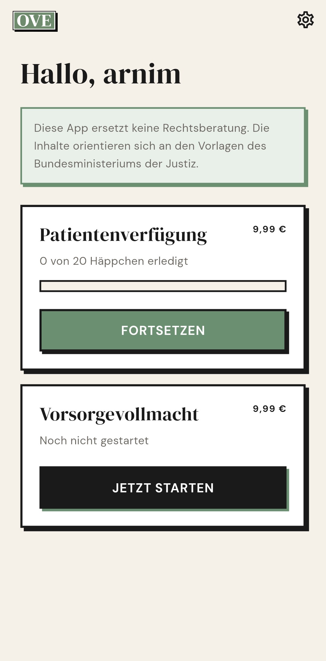 Screenshot der OVE App: Übersicht mit Patientenverfügung und Vorsorgevollmacht